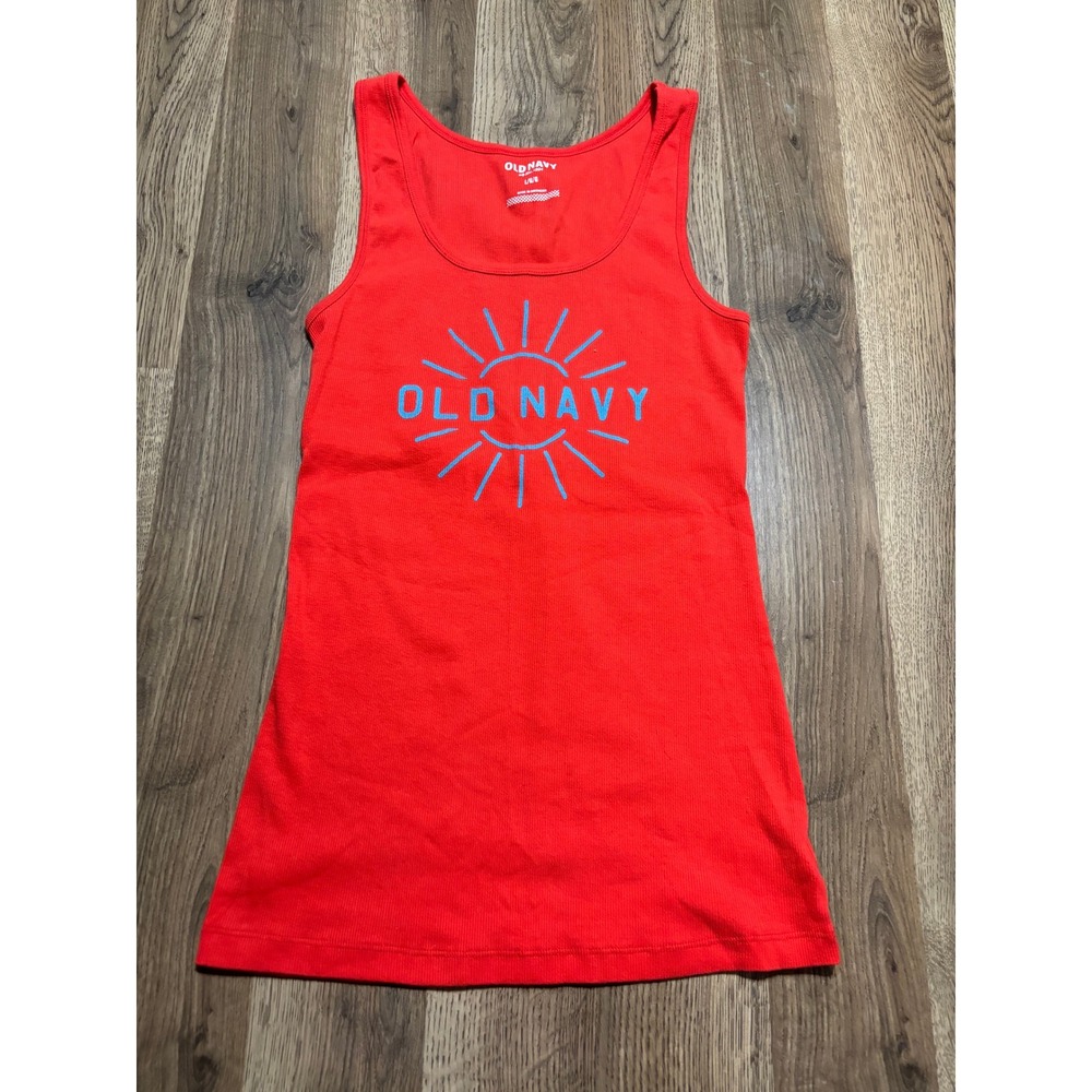 Old Navy Tank Top Women Size L Red Graphic Sleeveless Ribbed Logo Sunburst